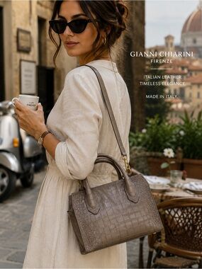 NEW Gianni Chiarini Italian Leather Croc-Embossed Taupe Tote Crossbody Purse
